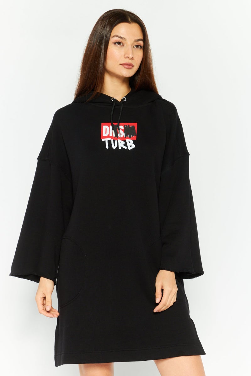 DIESEL فستان سويت شيرت طويل الأكمام بغطاء رأس للنساء، أسود - Image 1