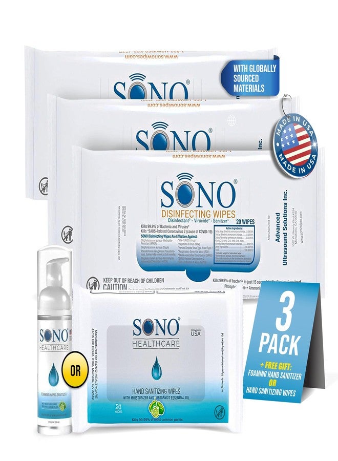 SONO Disinfecting Wipes - 60 Count (Pack of 3) + Sanitizer, Travel Size, Alcohol-Free, No Bleach, Medical-Grade, Multi-Surface Cleaning for School, Office, and On-The-Go - Image 1