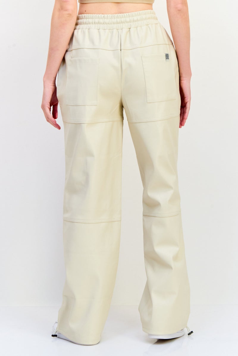 The Giving Movement Women Regular Fit Wide Leg Solid Leather Jogger Pants, Ivory  - Image 4
