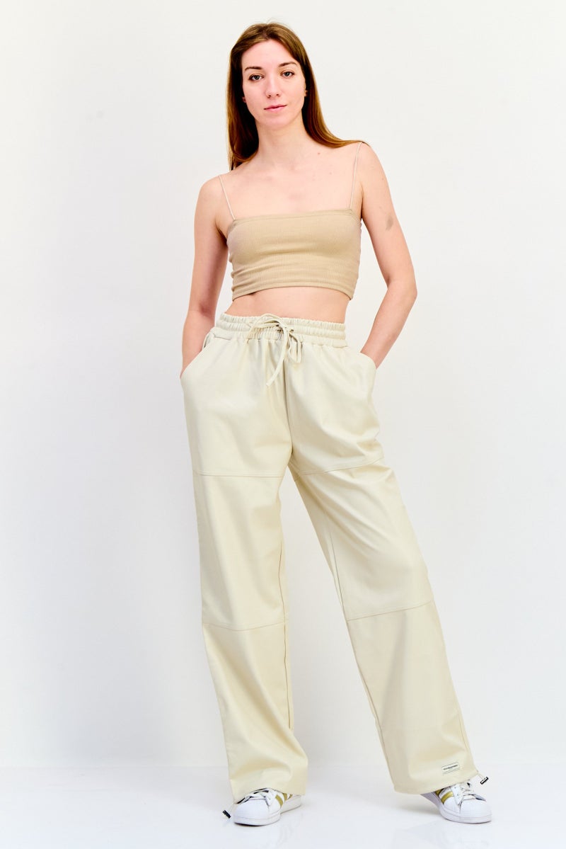 The Giving Movement Women Regular Fit Wide Leg Solid Leather Jogger Pants, Ivory  - Image 3
