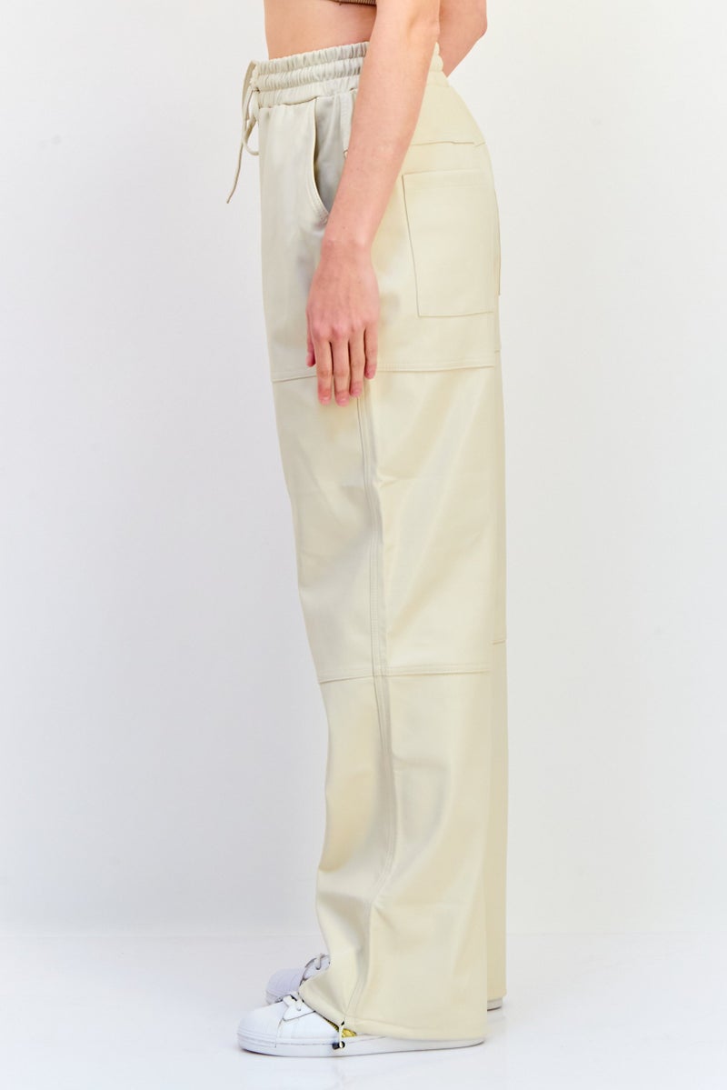 The Giving Movement Women Regular Fit Wide Leg Solid Leather Jogger Pants, Ivory  - Image 2