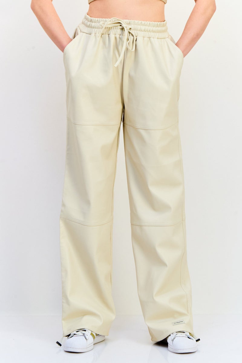 The Giving Movement Women Regular Fit Wide Leg Solid Leather Jogger Pants, Ivory  - Image 1