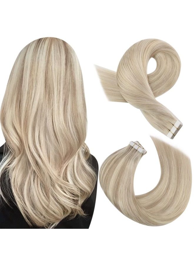 Moresoo Human Hair Extensions Tape in Blonde Hair Tape in Extensions Ash Blonde Mix with Bleach Blonde Tape in Real Hair 12 Inch #P18/613 20pcs 30g - Image 1
