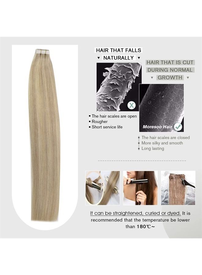 Moresoo Human Hair Extensions Tape in Blonde Hair Tape in Extensions Ash Blonde Mix with Bleach Blonde Tape in Real Hair 12 Inch #P18/613 20pcs 30g - Image 5