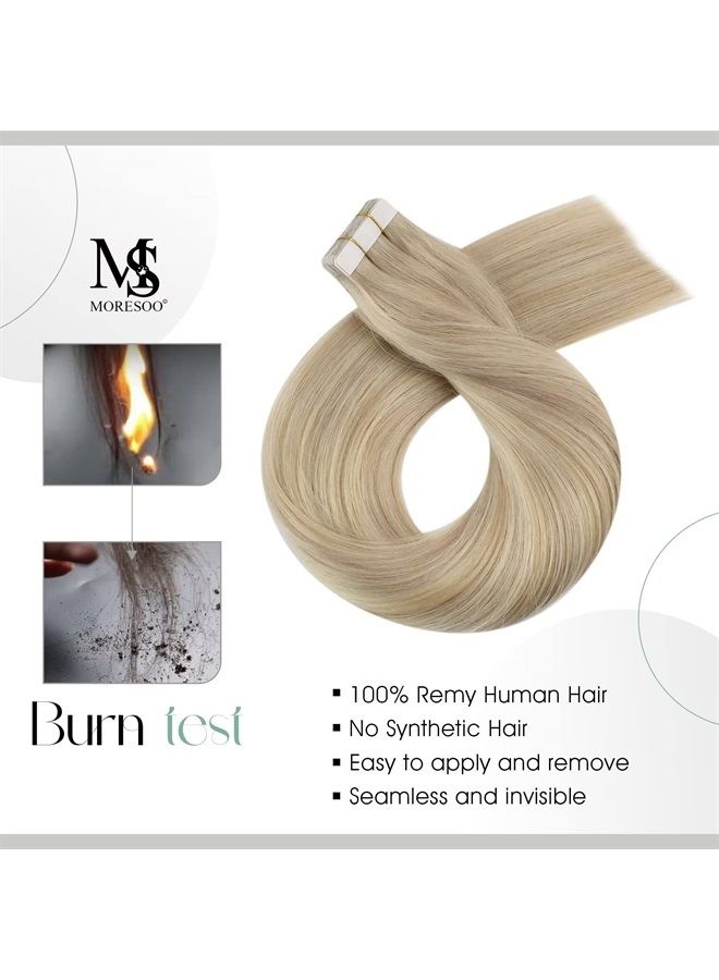 Moresoo Human Hair Extensions Tape in Blonde Hair Tape in Extensions Ash Blonde Mix with Bleach Blonde Tape in Real Hair 12 Inch #P18/613 20pcs 30g - Image 2