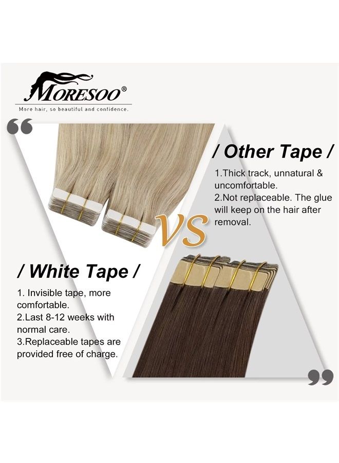 Moresoo Human Hair Extensions Tape in Blonde Hair Tape in Extensions Ash Blonde Mix with Bleach Blonde Tape in Real Hair 12 Inch #P18/613 20pcs 30g - Image 3