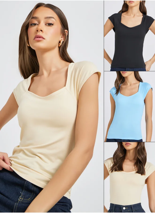 تايك تو Set of 3 - Solid Sweetheart Neck Regular Fit T-Shirt