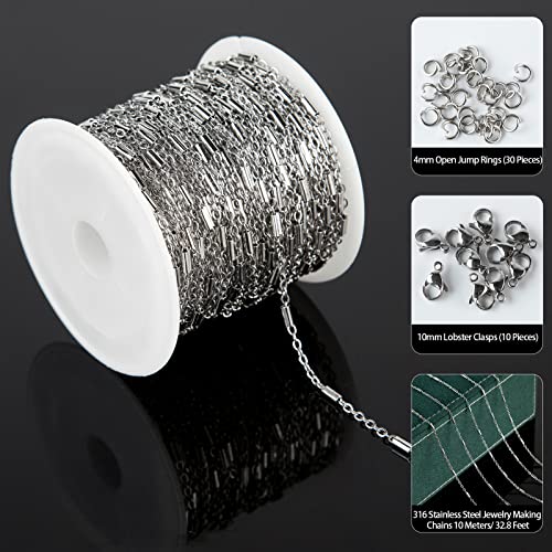 UMAOKANG 33 Feet 316 Stainless Steel Chain for Jewelry Making, Silver Tube Bar Curb Link Chain Bulk with Jump Rings Lobster Clasps for Necklace Bracelet Making DIY Accessories - Image 2