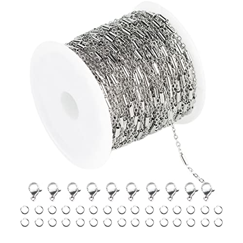 UMAOKANG 33 Feet 316 Stainless Steel Chain for Jewelry Making, Silver Tube Bar Curb Link Chain Bulk with Jump Rings Lobster Clasps for Necklace Bracelet Making DIY Accessories - Image 1