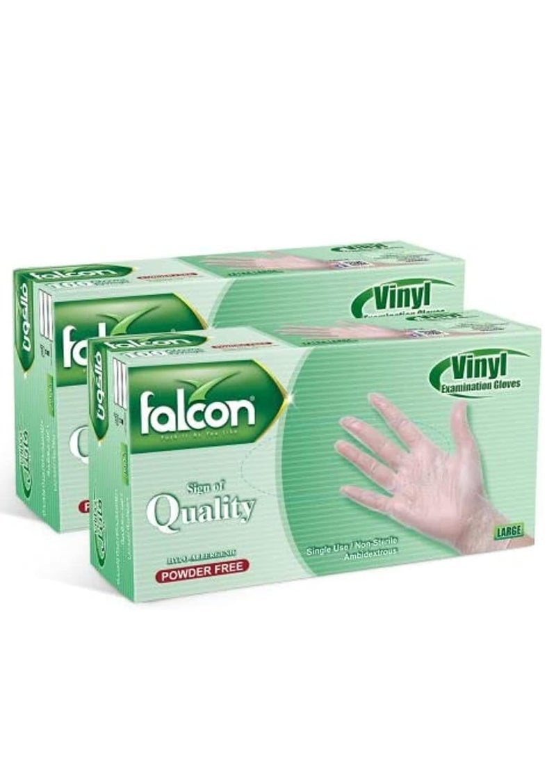 Falcon Vinyl Gloves - Clear Powder Free Large (2 Packs x 100 Pieces) 