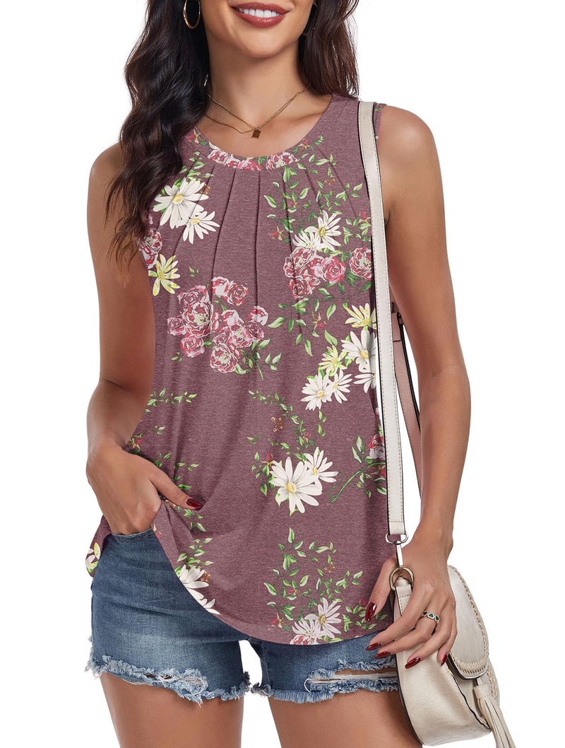 syoss Women's Summer Tank Tops Pleated Round Neck Sleeveless Trendy Tops for Women Dressy Casual L, Floral Wine Red - Image 3