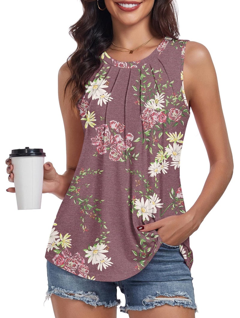 syoss Women's Summer Tank Tops Pleated Round Neck Sleeveless Trendy Tops for Women Dressy Casual L, Floral Wine Red - Image 1