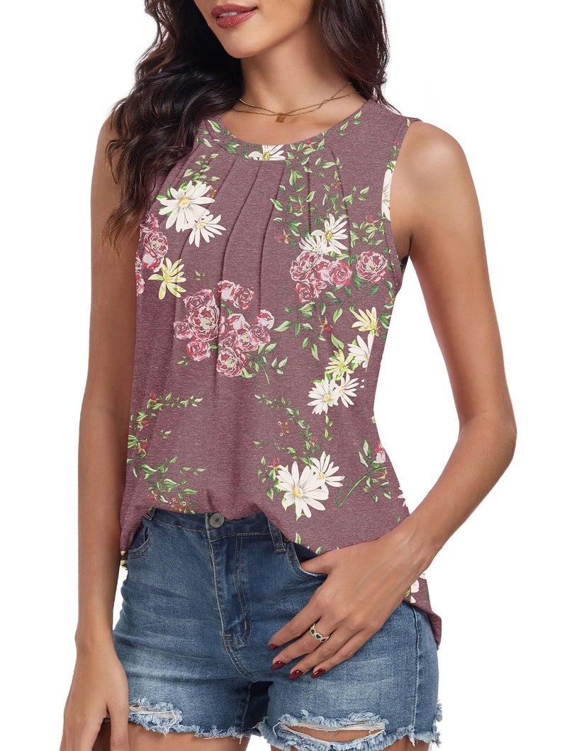 syoss Women's Summer Tank Tops Pleated Round Neck Sleeveless Trendy Tops for Women Dressy Casual L, Floral Wine Red - Image 4