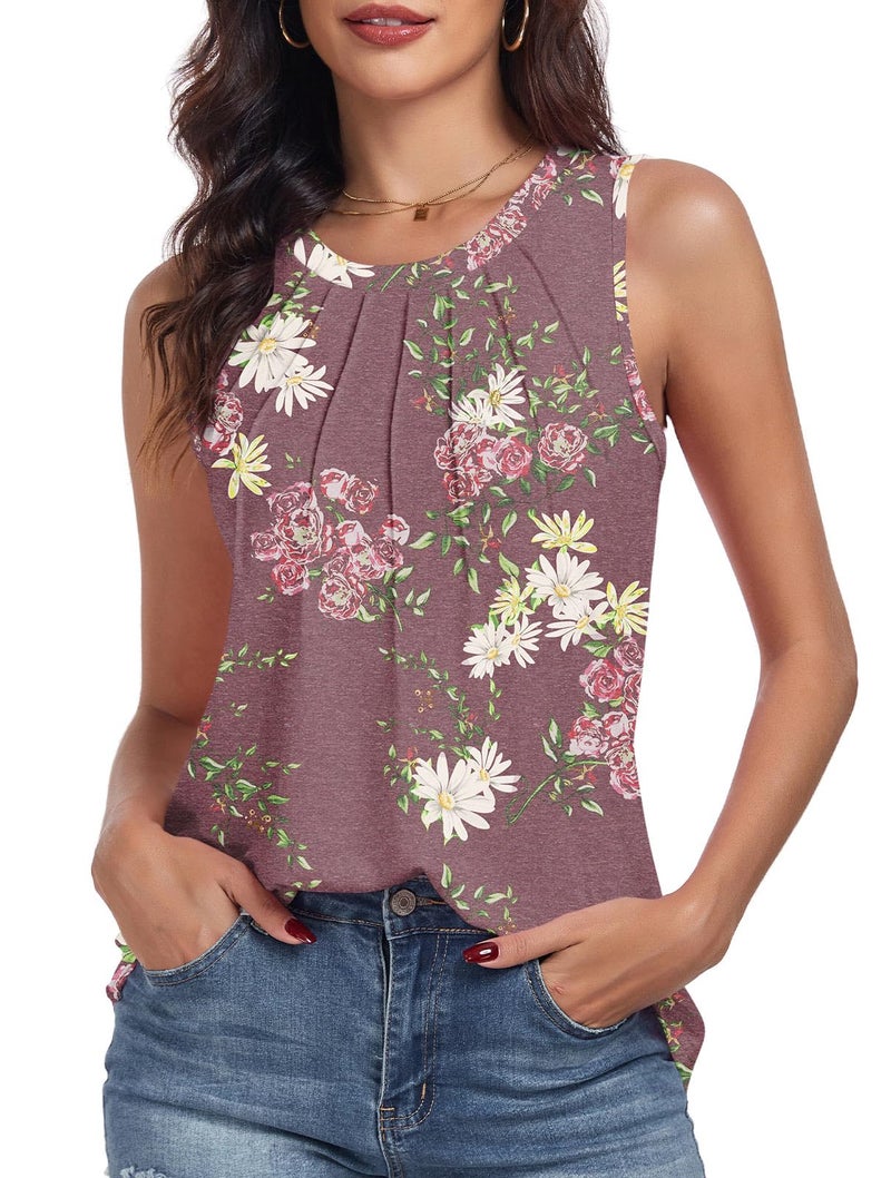 syoss Women's Summer Tank Tops Pleated Round Neck Sleeveless Trendy Tops for Women Dressy Casual L, Floral Wine Red - Image 2