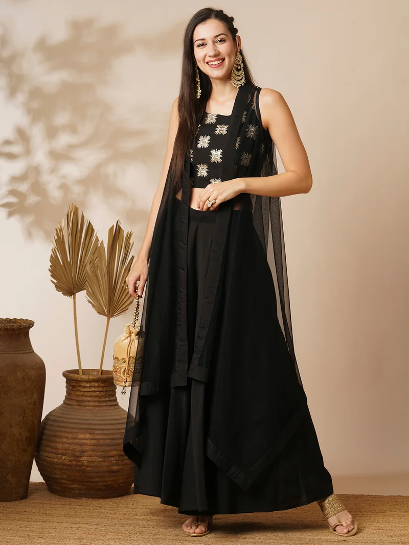 globus Women Black Printed Top & Palazzo With Shrug