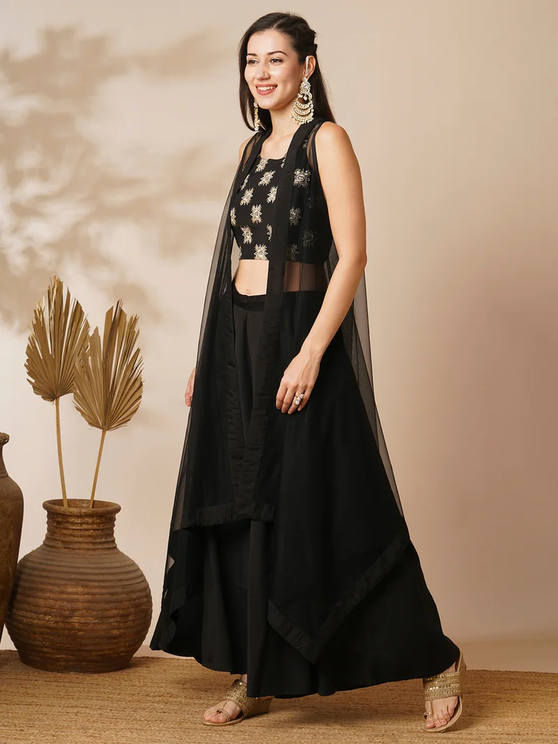globus Women Black Printed Top & Palazzo With Shrug