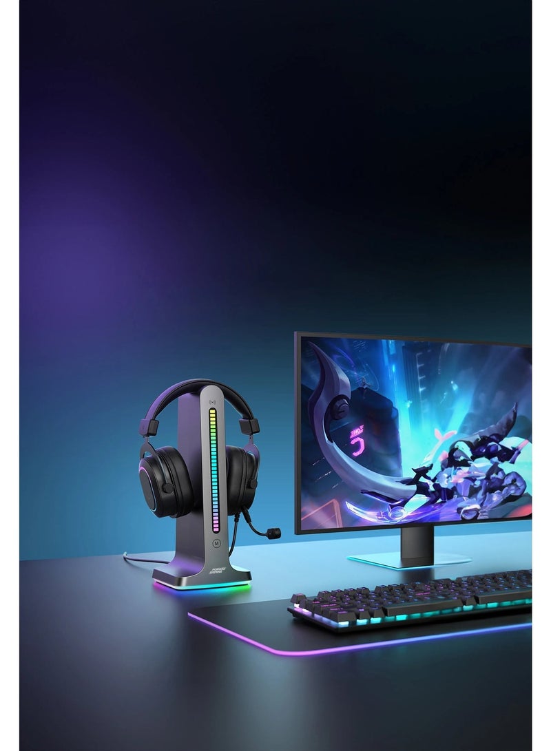 porodo Stand Gaming RGB Dynamic Sound Lighting Headphone Stand with Cable Storage 300mAh - Black - Image 3