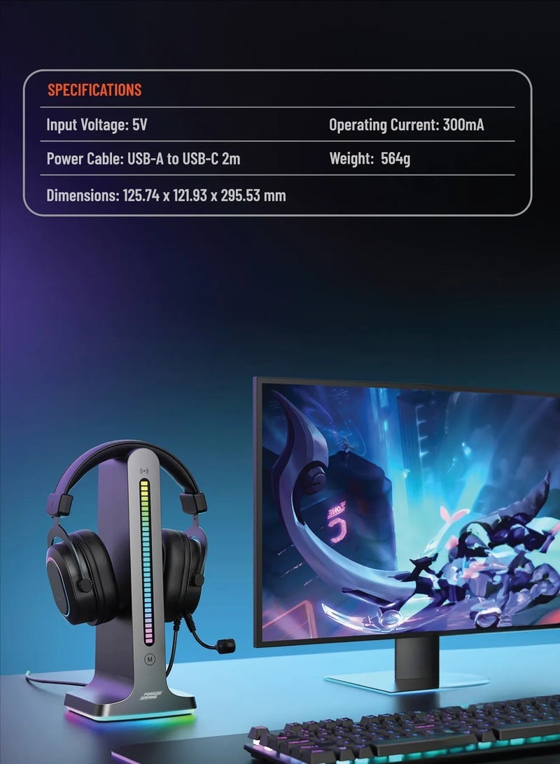 porodo Stand Gaming RGB Dynamic Sound Lighting Headphone Stand with Cable Storage 300mAh - Black - Image 2