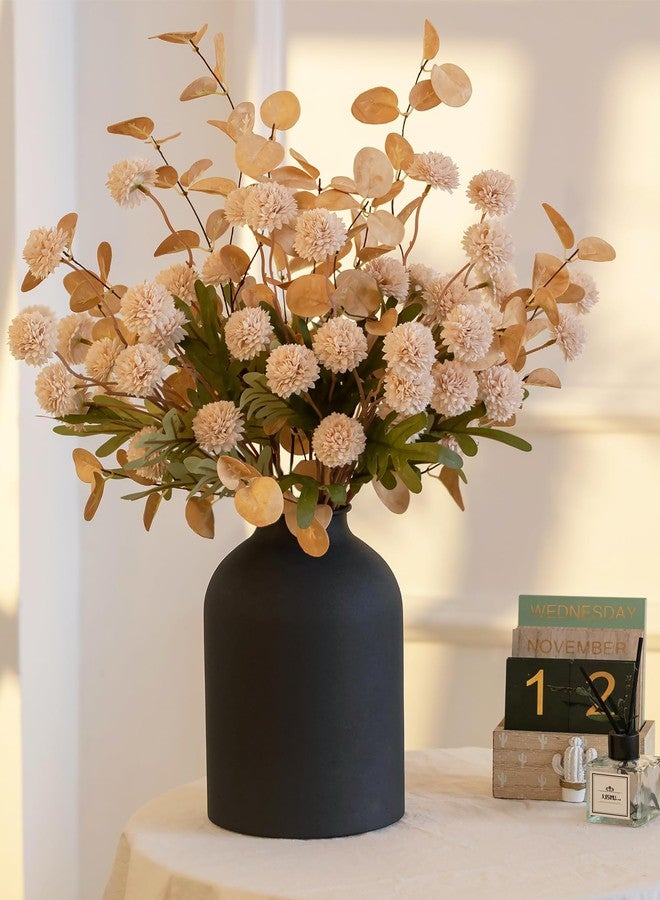 BLOSMON Dining Table Centerpiece Decor: Metal Vase with 12 Stems of Fake Mums Kiku Flower Eucalyptuses for Home - Beige Artificial Pom Poms Faux Floral Arrangements in Vase for Living Room - Image 5
