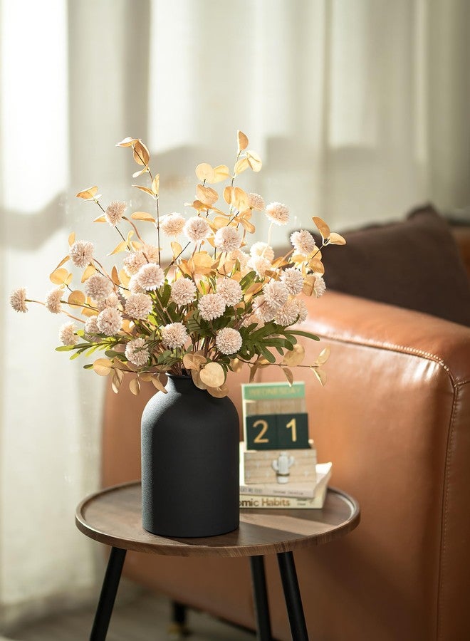 BLOSMON Dining Table Centerpiece Decor: Metal Vase with 12 Stems of Fake Mums Kiku Flower Eucalyptuses for Home - Beige Artificial Pom Poms Faux Floral Arrangements in Vase for Living Room - Image 4