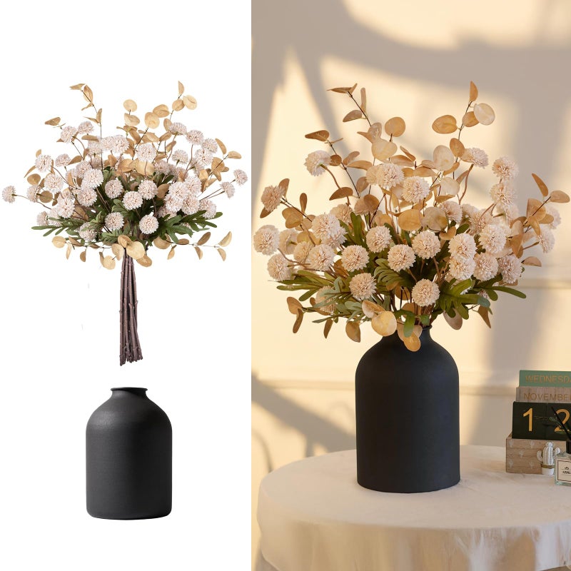 BLOSMON Dining Table Centerpiece Decor: Metal Vase with 12 Stems of Fake Mums Kiku Flower Eucalyptuses for Home - Beige Artificial Pom Poms Faux Floral Arrangements in Vase for Living Room - Image 1