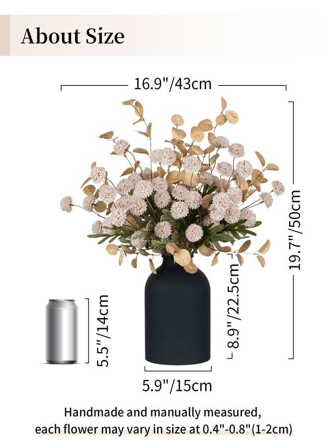 BLOSMON Dining Table Centerpiece Decor: Metal Vase with 12 Stems of Fake Mums Kiku Flower Eucalyptuses for Home - Beige Artificial Pom Poms Faux Floral Arrangements in Vase for Living Room - Image 3
