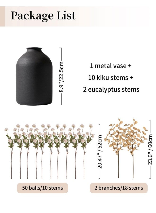 BLOSMON Dining Table Centerpiece Decor: Metal Vase with 12 Stems of Fake Mums Kiku Flower Eucalyptuses for Home - Beige Artificial Pom Poms Faux Floral Arrangements in Vase for Living Room - Image 2