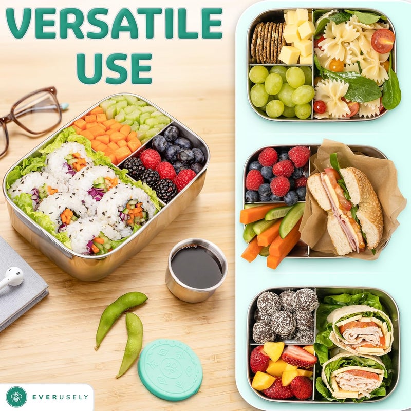Everusely إيفيروسيلي - صندوق بنتو - أخضر - 1.1 لتر - صندوق غداء من الفولاذ المقاوم للصدأ مع حاوية توابل محكمة الإغلاق - حاوية وجبات خفيفة بثلاثة أقسام - Image 5
