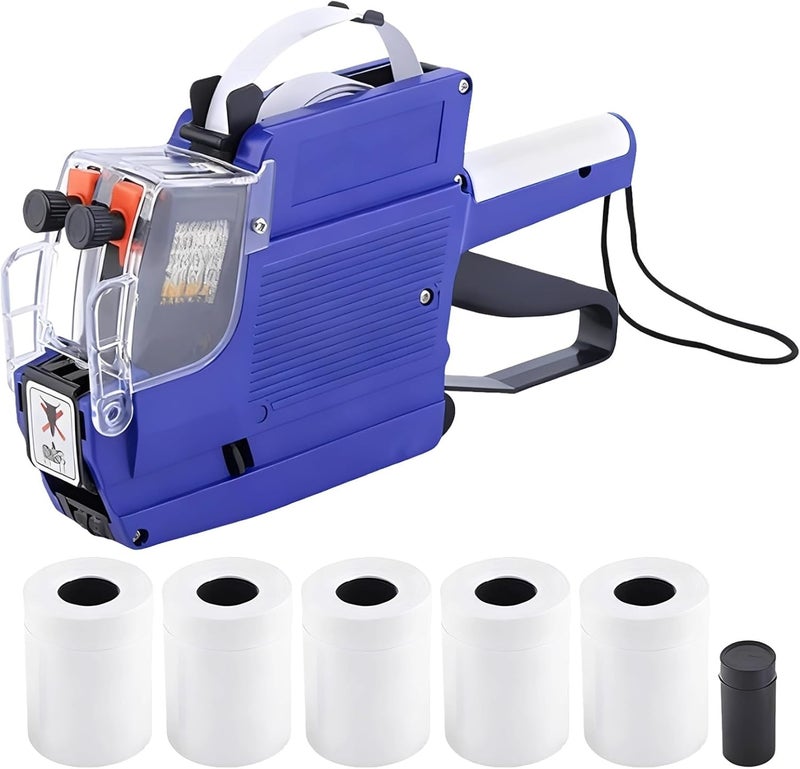 Label Tag Machine Mx-6600 Kit, 2-Line 20-Bit Label Maker, Includes 5 Rolls and 1 Ink Roller, Smooth Printing, for Retail, Blue Color - Image 1
