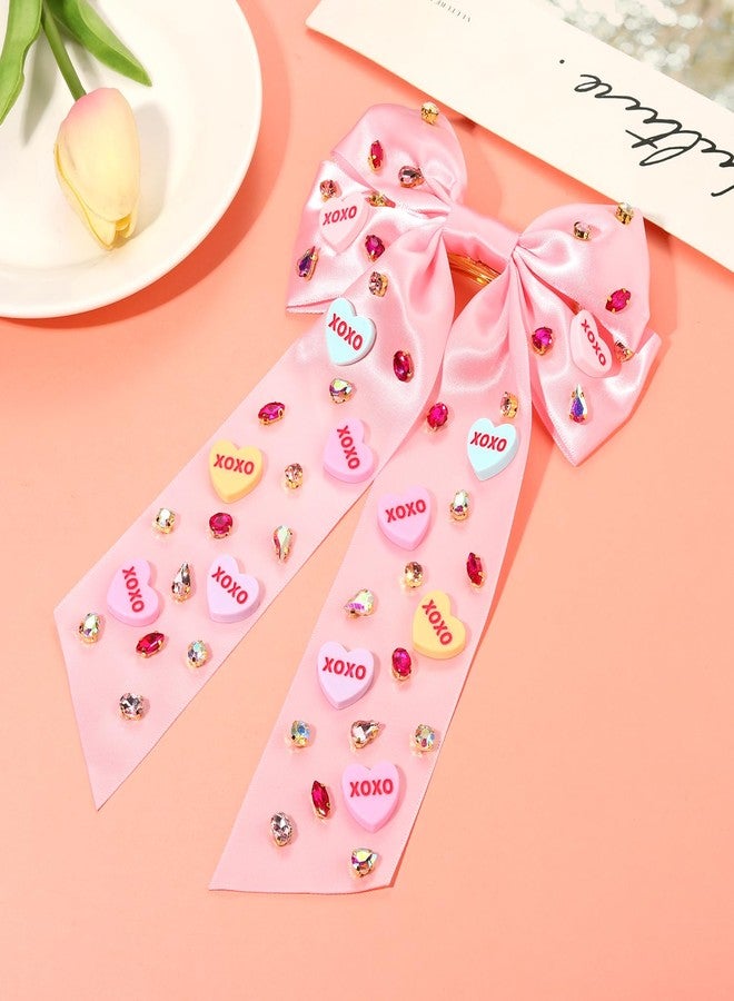 CEALXHENY Valentine’s Day Hair Bows for Women Conversation Heart Hair Bow Clips Jeweled LOVE XOXO Hair Bows Silky Stain Red Pink Bows Hair Ribbon Barrettes Valentine’s Day Outfits Accessories Gifts (Pattern A1) - Image 4