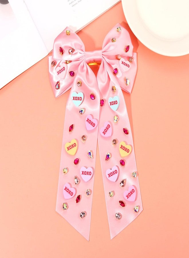CEALXHENY Valentine’s Day Hair Bows for Women Conversation Heart Hair Bow Clips Jeweled LOVE XOXO Hair Bows Silky Stain Red Pink Bows Hair Ribbon Barrettes Valentine’s Day Outfits Accessories Gifts (Pattern A1) - Image 5