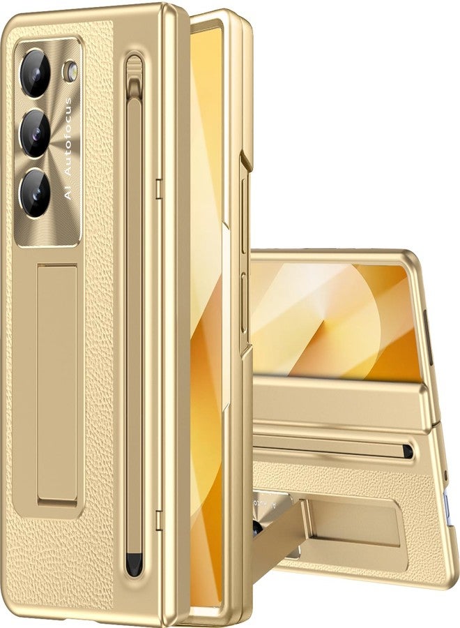 NINKI for Samsung Z Fold 6 Case with S Pen and Kickstand, Built in Screen Protector Hinge Protective Plating Leather Phone Cover for Samsung Galaxy Z Fold 6 Case with S Pen Holder and Stand - Gold - Image 1