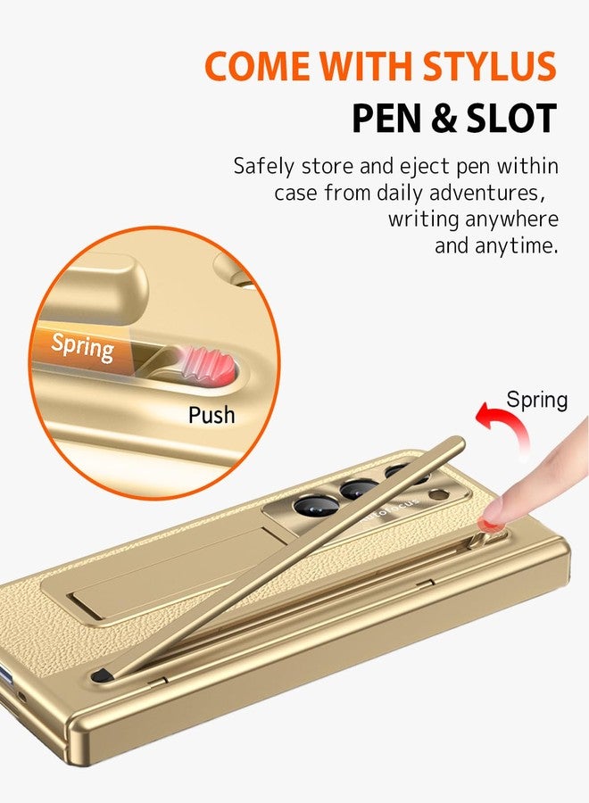 NINKI for Samsung Z Fold 6 Case with S Pen and Kickstand, Built in Screen Protector Hinge Protective Plating Leather Phone Cover for Samsung Galaxy Z Fold 6 Case with S Pen Holder and Stand - Gold - Image 2