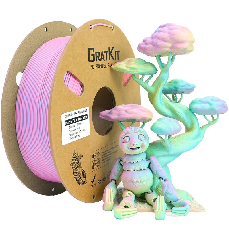 Gratkit Matte Tri-Color PLA Filament,Coextrusion PLA Filament 1.75mm, +/-0.03mm, 1KG/Roll, High Speed Matte PLA,Fluorite - Image 1