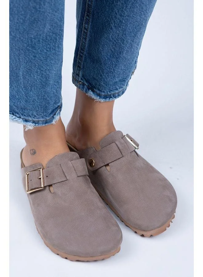 Zeta Women's Genuine Leather Belted Buckle Mink - Gold Slippers - Brown