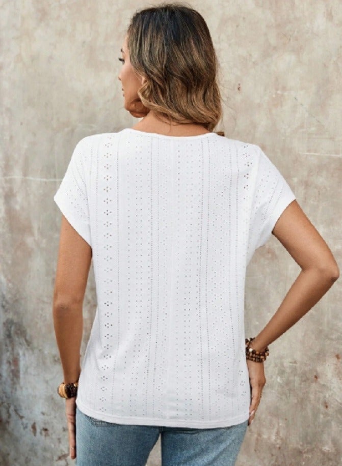 EMERY ROSE Women Plain Hollow Out Embroidered V-Neck Casual Short Sleeve T-Shirt  - Image 3