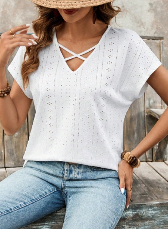 EMERY ROSE Women Plain Hollow Out Embroidered V-Neck Casual Short Sleeve T-Shirt  - Image 1
