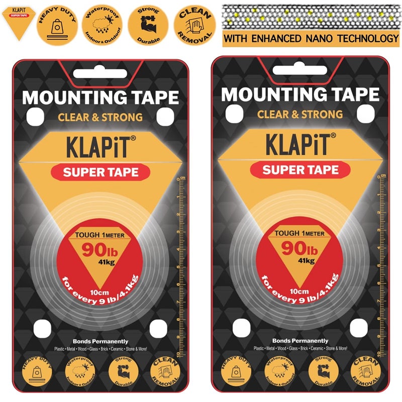 كلابيت شريط سوبر تاب مزدوج الجوانب، شريط تثبيت متين يتحمل وزنًا يصل إلى 41 كجم باستخدام تقنية النانو المُحسّنة. شريط شفاف للجدران، والخشب، والبلاط، والحجر، والزجاج، والمعادن، والأكريليك (عبوة من قطعتين). - Image 1