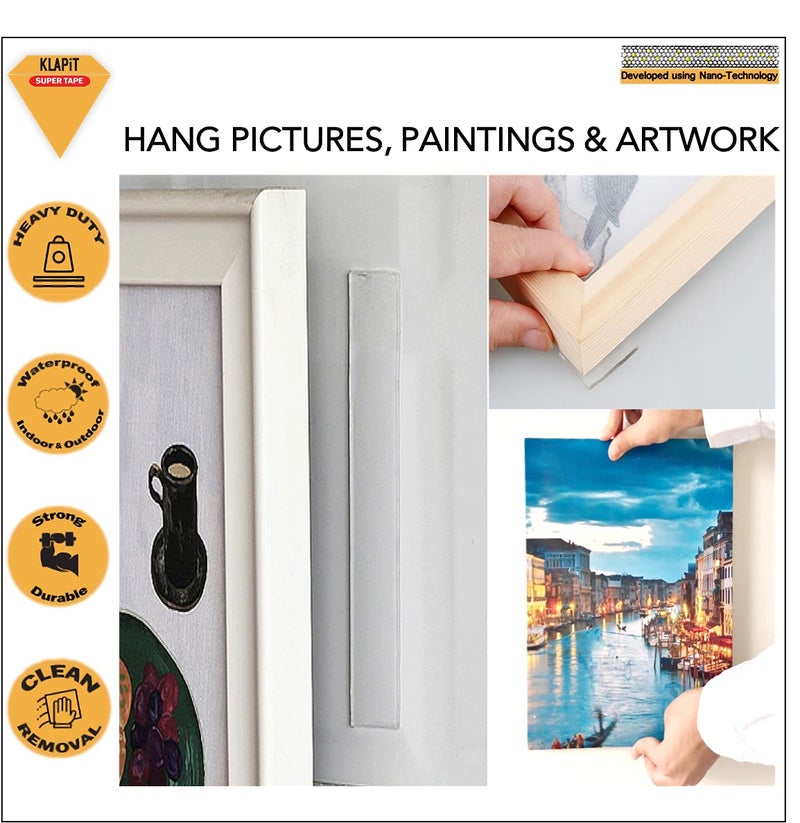 كلابيت شريط سوبر تاب مزدوج الجوانب، شريط تثبيت متين يتحمل وزنًا يصل إلى 41 كجم باستخدام تقنية النانو المُحسّنة. شريط شفاف للجدران، والخشب، والبلاط، والحجر، والزجاج، والمعادن، والأكريليك (عبوة من قطعتين). - Image 5