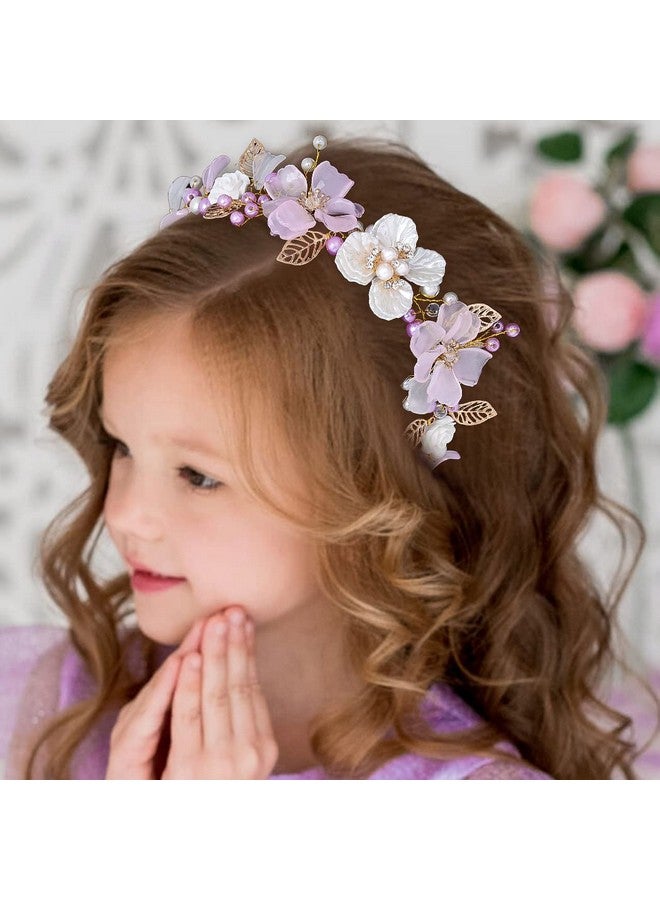 Campsis Flower Girl Headpiece Gold Pearl Princess Headband For Wedding Leaf Floral Crystals Frist Communion Hair Accessories Prom Birthday For Girls - Image 1