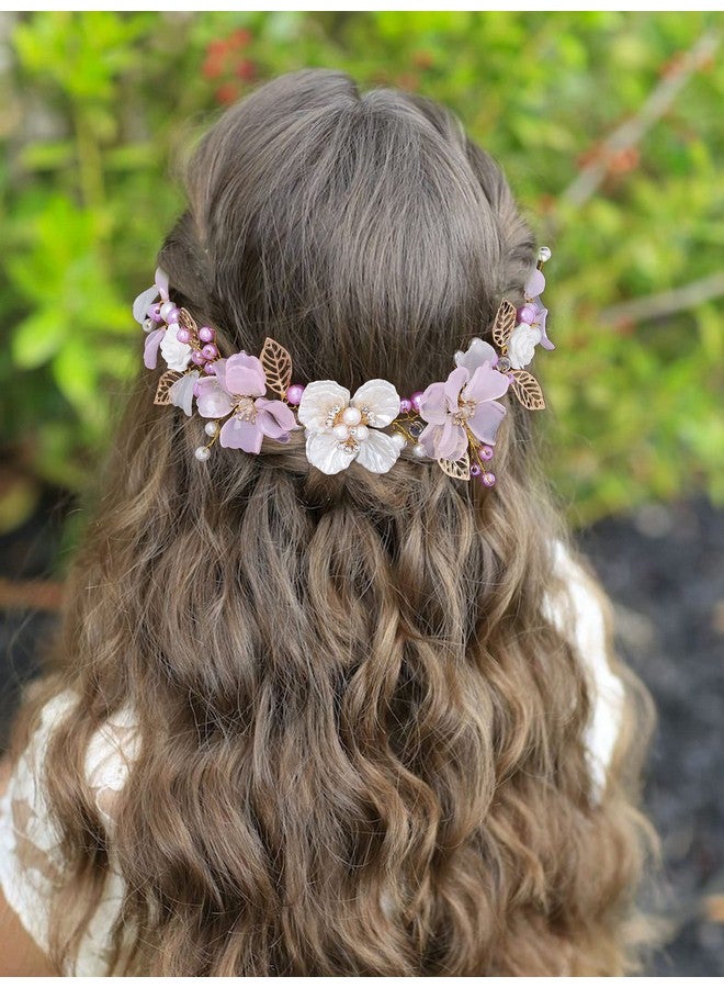 Campsis Flower Girl Headpiece Gold Pearl Princess Headband For Wedding Leaf Floral Crystals Frist Communion Hair Accessories Prom Birthday For Girls - Image 4