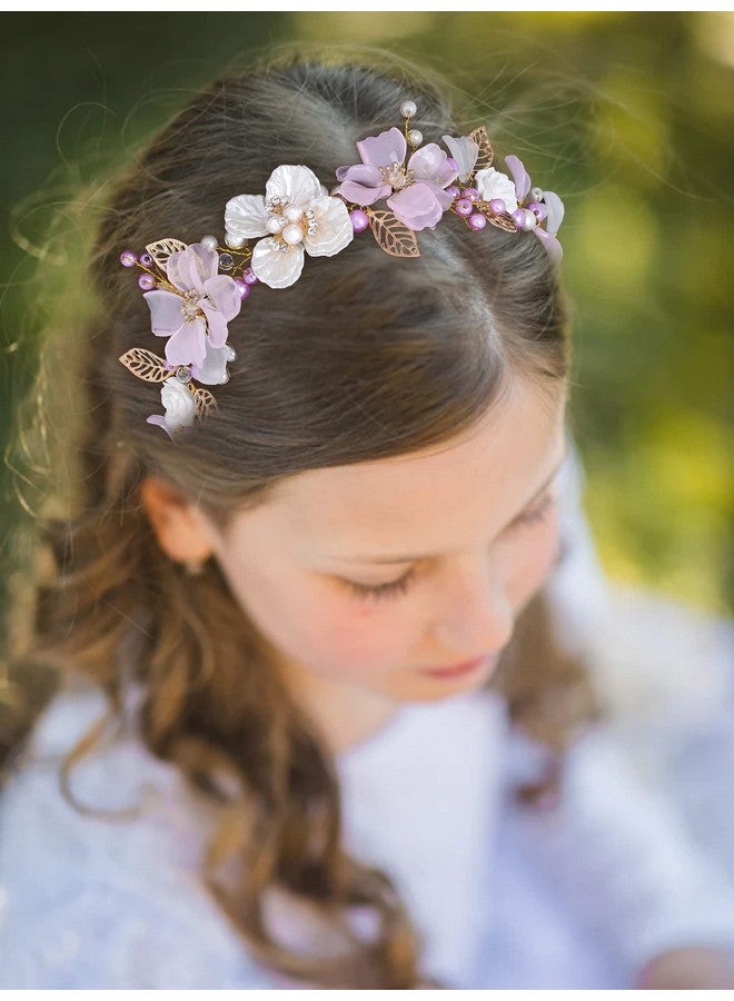 Campsis Flower Girl Headpiece Gold Pearl Princess Headband For Wedding Leaf Floral Crystals Frist Communion Hair Accessories Prom Birthday For Girls - Image 3