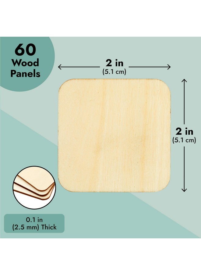 60 Pack 2X2 Wood Squares For Crafts 2.5Mm Unfinished Wood Cutouts With Rounded Corners