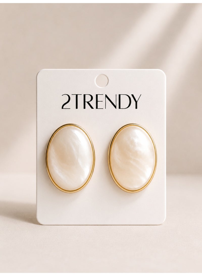 Ivory Oval Stud Earrings with Gold-Tone Frame for Women