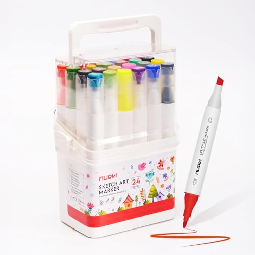 NUOVI Art Markers 24 Shades | Super Blendable Alcohol Based Ink, Smudge Free Colors | Dual Tip Fine & Chisel Tip Markers for Drawing, Colouring & Sketching - Image 1