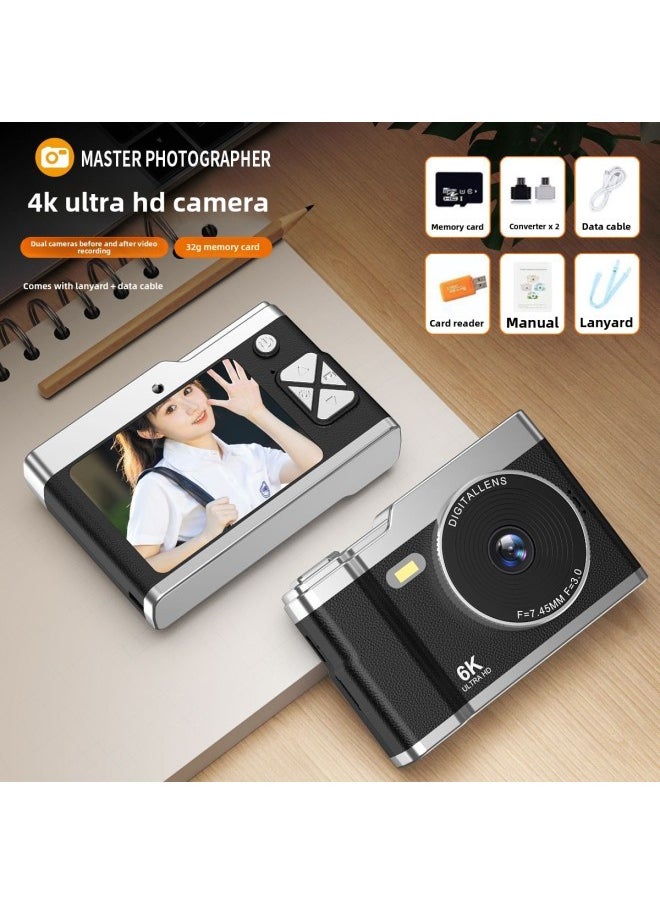 Generic CCD Camera Student Party Beginner Girl's Portable Small HD Travel Digital Camera Retro Special Cdd Camera-Body Color:6400w Black + Front And Rear Shooting + Fill Light + 2.8inch Screen - Package Three  - Image 1