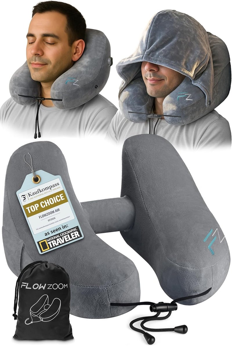 FLOWZOOM Air Inflatable Neck Pillow for Traveling on Plane - H-Shape Hooded Travel Pillow with 5 Snooze Modes, Fast Inflation, Pressure Control, Cozy Clip-On Hood & Plushy Cover - Size L, Silver Gray - Image 1