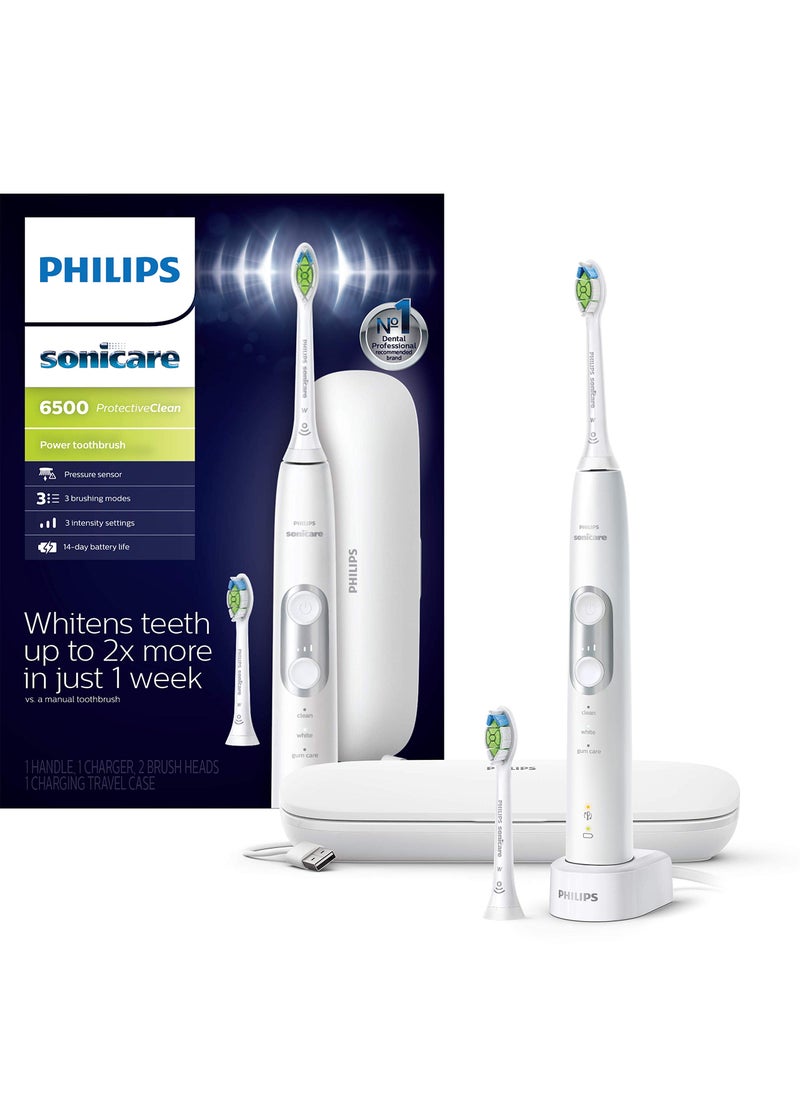 PHILIPS SONICARE Philips Sonicare ProtectiveClean 6500 Rechargeable Electric Toothbrush, with Pressure Sensor, 3 Cleaning Modes, SmarTimer and QuadPacer, 14-Day Battery Life, Charging Travel Case, White, HX6462/05 
