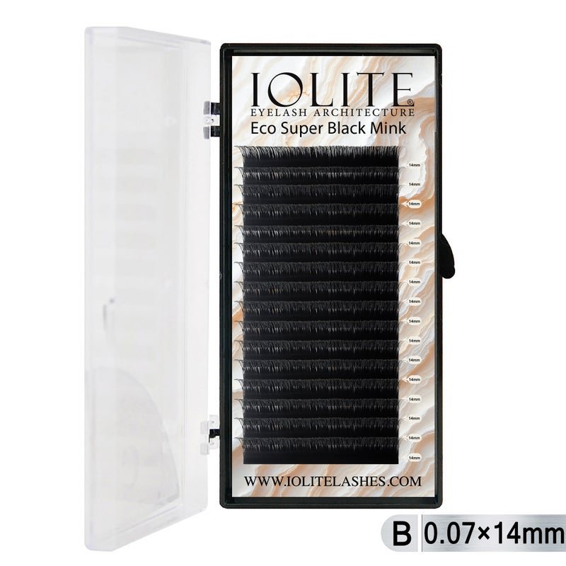 Iolite Super Black Mink Lash Extensions – B Curl 0.07T Mix (6mm–15mm) | Premium Black Mink Eyelash Extension Tray for Lash Artists ISBMB7T - 14MM
