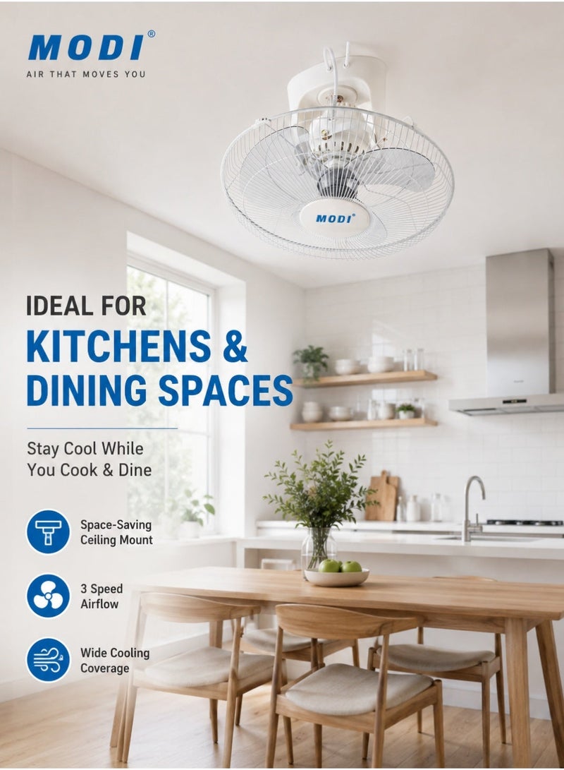 MODI Ceiling Mounted Orbit Fan 45W, 16 Inch Cooling Fan With 3 Speed Control, Oscillation Movement, 3 Plastic Blades, Safety Spokes Grill, Max 1400 RPM, White, For Home Office Kitchen Living Room Use - Image 5